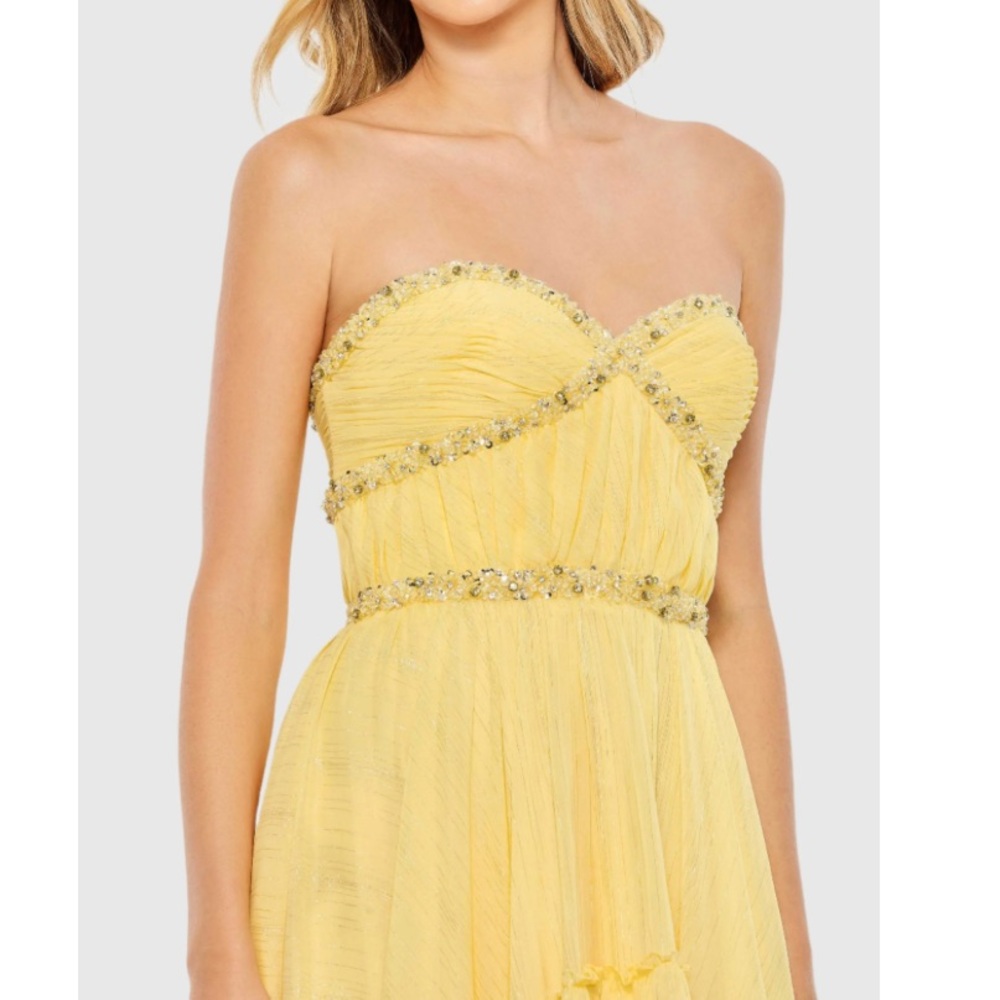 Mac Duggal Lemon Yellow Beaded High Low Chiffon Gown NWT - Picture 2 of 8